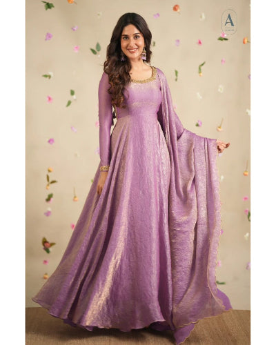 Lilac Hand Zardoshi Gown with Zari Cutwork Dupatta Set Of 2