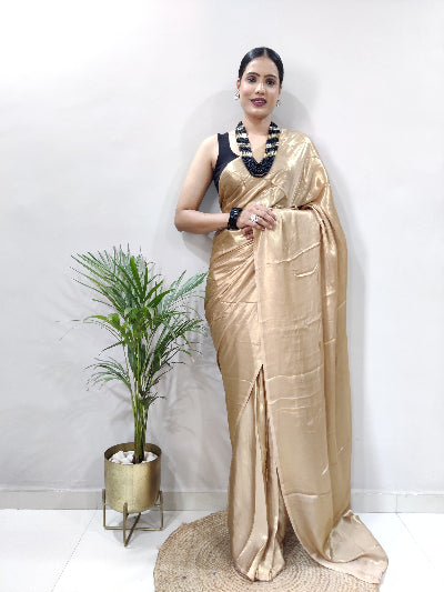 1 Min Golden Shimmer Satin Silk Stitched Readymade Saree+ Blouse