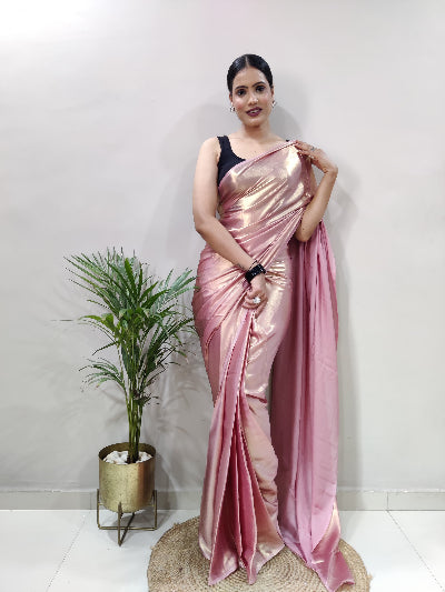 1 Min Rose Gold Shimmer Satin Silk Stitched Readymade Saree+ Blouse