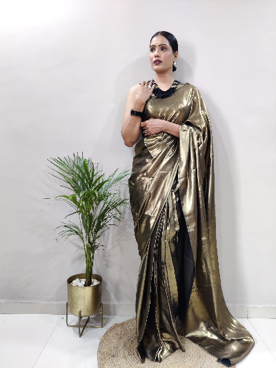 1 Min Bronze Shimmer Satin Silk Stitched Readymade Saree+ Blouse