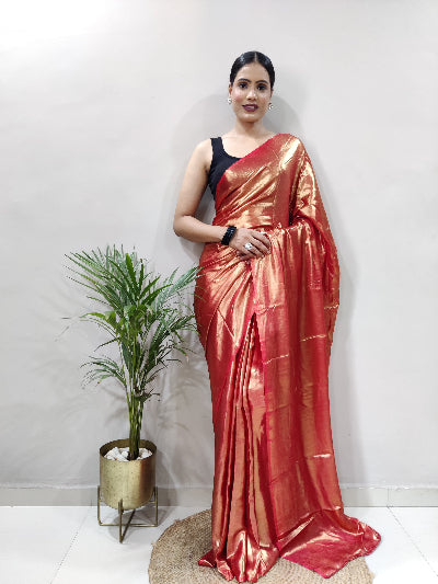 1 Min Red Shimmer Satin Silk Stitched Readymade Saree+ Blouse