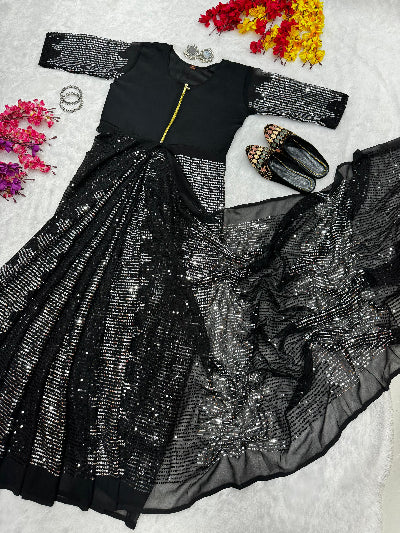 Black & Silver Sequins Zip & Go 10 Second Saree Gown