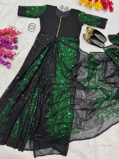 Green & Black Sequins Zip & Go 10 Second Saree Gown