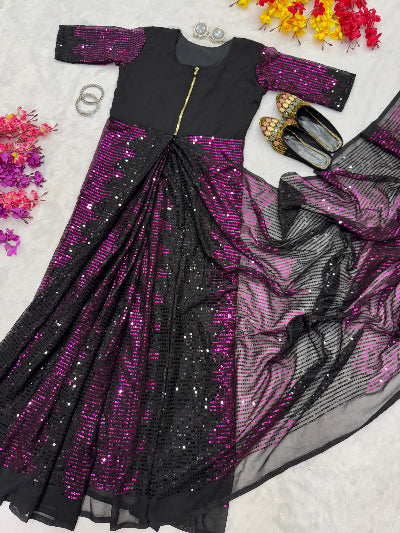 Pink & Black Sequins Zip & Go 10 Second Saree Gown