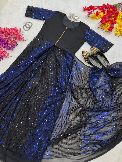 Navy Blue & Black Sequins Zip & Go 10 Second Saree Gown