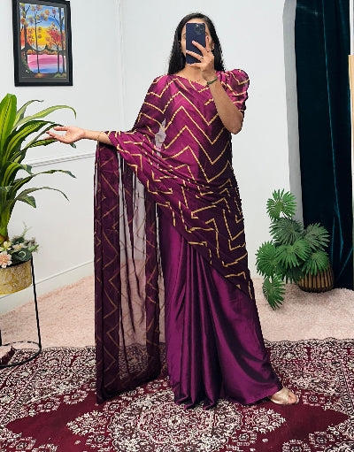 Plum Foil Work Ethnic Readymade Saree Gown Stitched Blouse