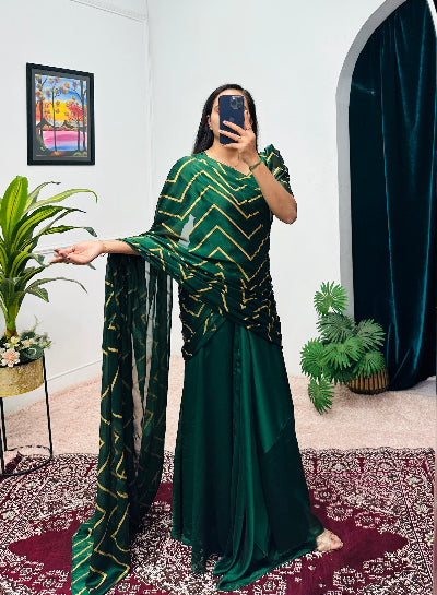 Green Foil Work Ethnic Readymade Saree Gown Stitched Blouse