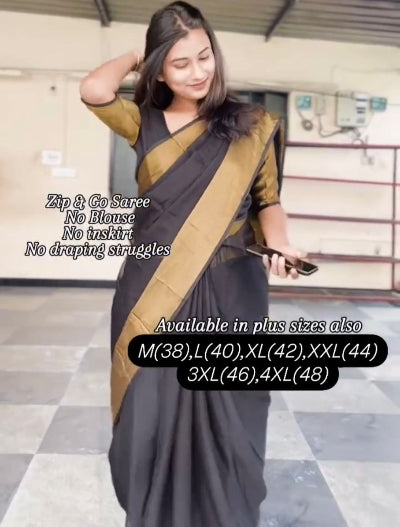 Black 10 Second Ethnic Zari Patta Readymade Saree Gown