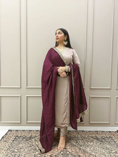 Beige Roman Silk Straight Suit Set With Burgandy Dupatta