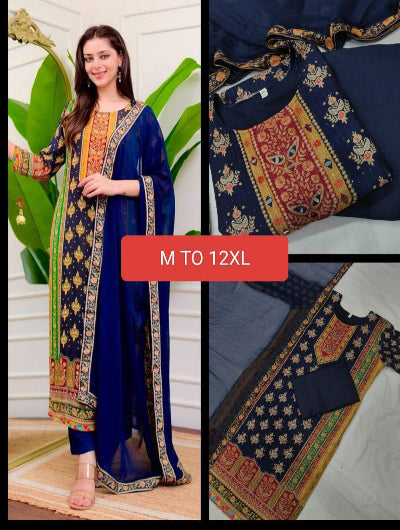 Viha Plus Size Navy Blue Muslin Digital Print Salwar Suit Set