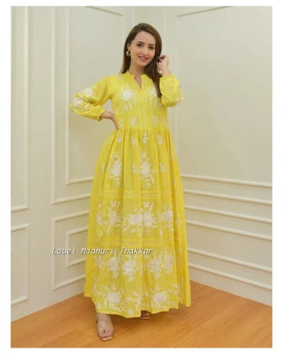 Yellow Cotton Embroidery Thread Work Gown(1pc)