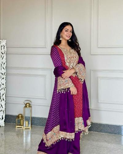 Purple Pink Embroidery Sequins Chinon Silk Suit Set