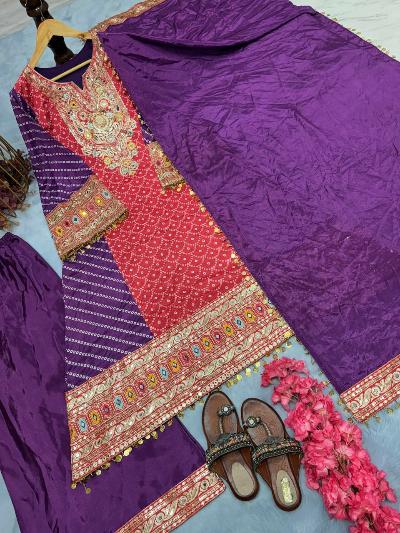 Purple Pink Embroidery Sequins Chinon Silk Suit Set