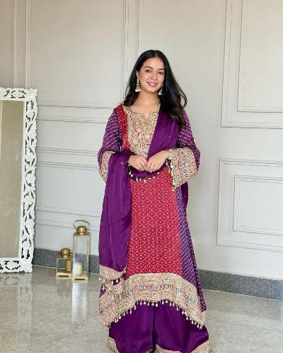 Purple Pink Embroidery Sequins Chinon Silk Suit Set