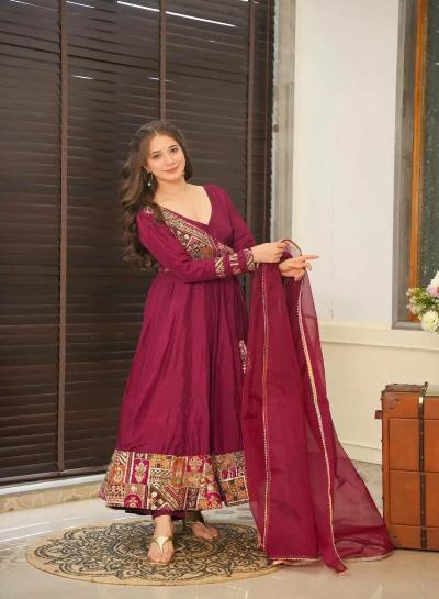 Maroon Festive Multicoloured Embroidery Anarkali Suit Set