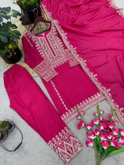 Magenta Chinon Silk Heavy Embroidery Salwar Suit Set