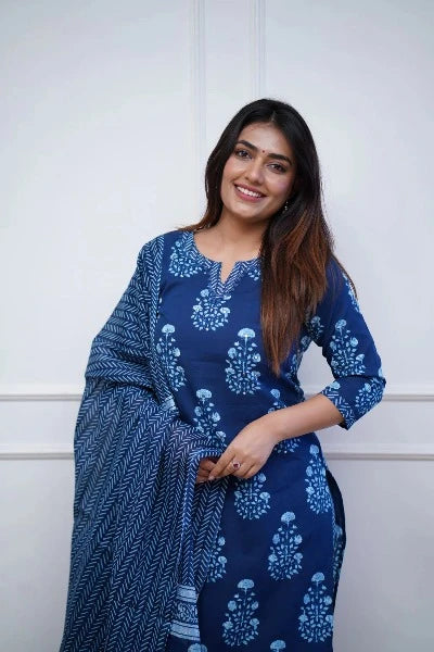 Indigo Blue Cotton Printed Salwar Suit Set