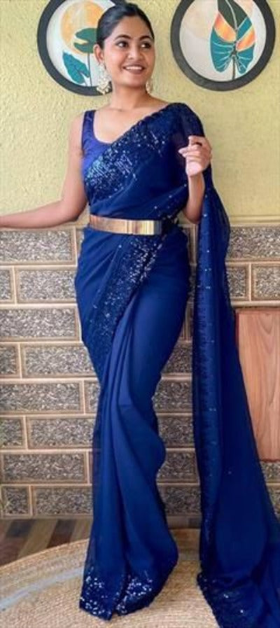 1 Min Navy Blue Embellished Georgette Stitched Readymade Saree