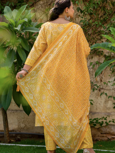 Plus Size Yellow  Handblock Readymade Salwar Suit