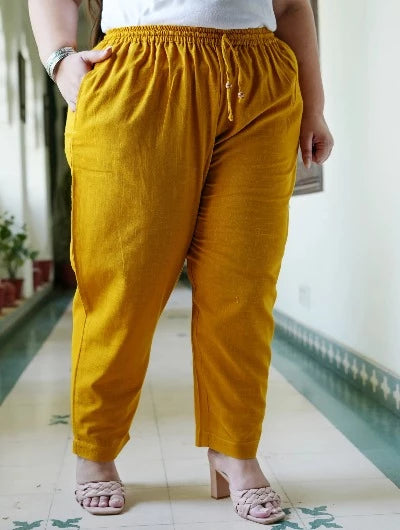 Plus size Women Yellow Cotton Trouser Pant