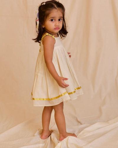 Off White Gold Cotton Kids Frock