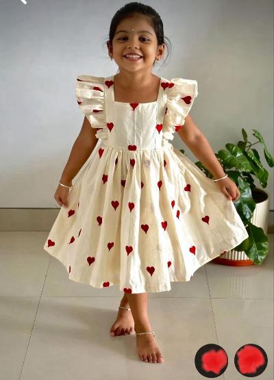 Off White Heart Print Cotton Kids Frock