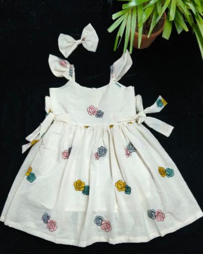 Cotton Threadwork Off White Kids Frock