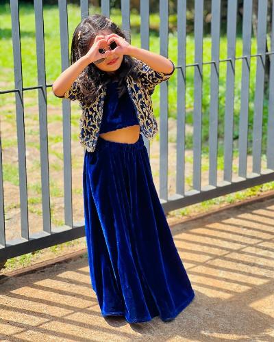 Blue Velvet Lehenga Choli With Embroidered Jacket