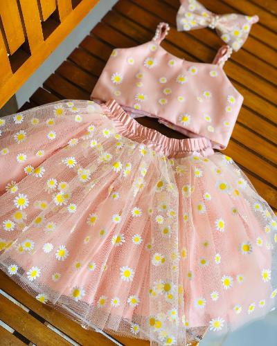 Kids Pastel Peach Floral Bow Skirt Blouse Set