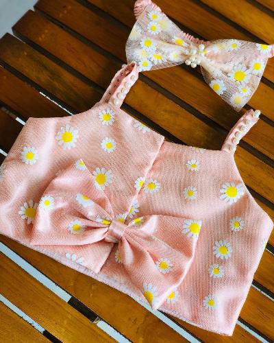 Kids Pastel Peach Floral Bow Skirt Blouse Set