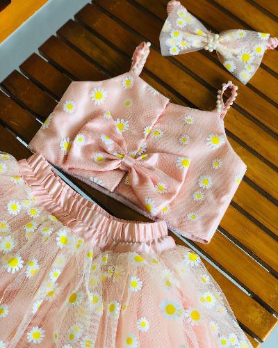 Kids Pastel Peach Floral Bow Skirt Blouse Set