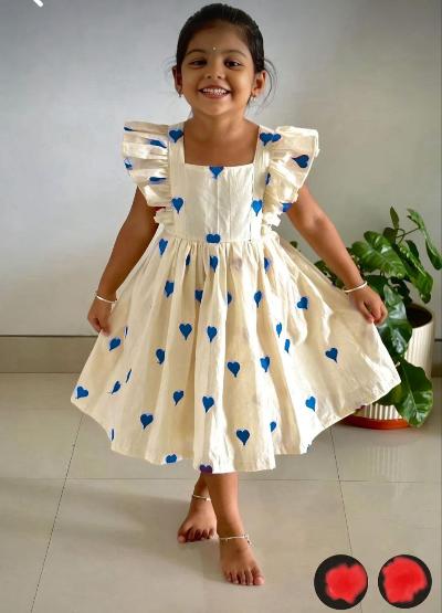 Off White Heart Print Cotton Kids Frock