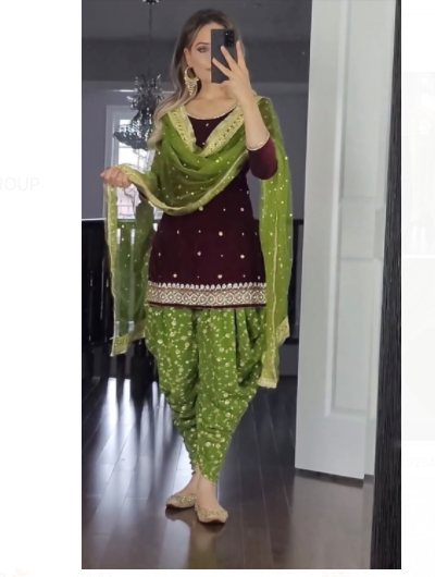 Maroon Mehandi Green Georgette Embroidered Readymade Suit