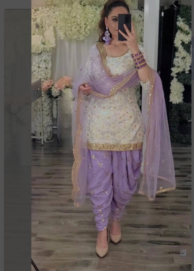 Lilac Cream Embroidered Patiala Readymade Suit