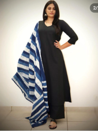Black Cotton Salwar Suit Indigo Dupatta Set 