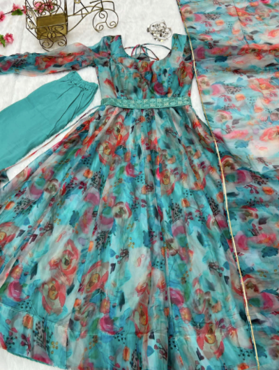 Teal Blue Organza Silk Anarkali Suit