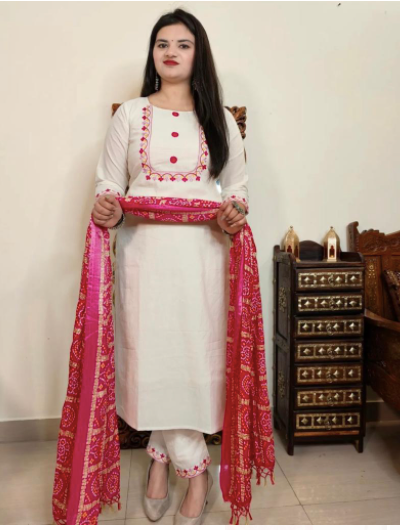 White Kurti With Gotta Patti Work In Front With White Straight Pant With Bandhani  Dupatta.