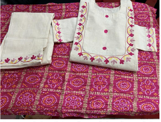 White Embroidery Kurti Set Pink Bandhani Dupatta