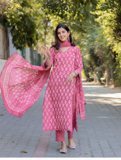 Pink Handblock Women Salwar Suit Dupatta