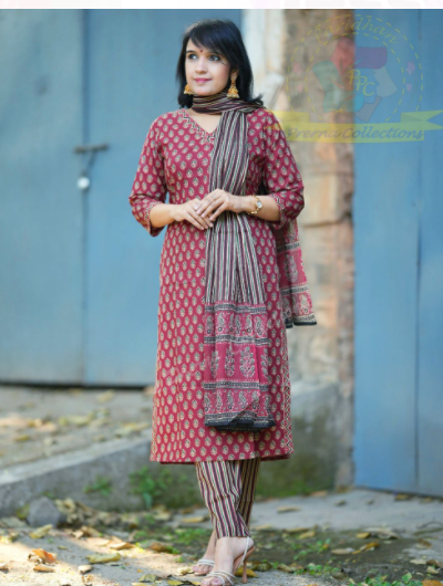Red Cotton Ajrakh Straight Salwar Suit