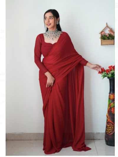 Plain Red 1 Min Saree Georgette Ready to Wear Sari