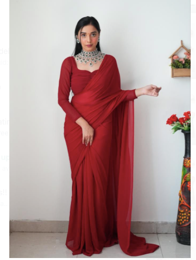 Plain Red 1 Min Saree Georgette Ready to Wear Sari