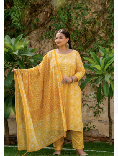 Plus Size Yellow  Handblock Readymade Salwar Suit