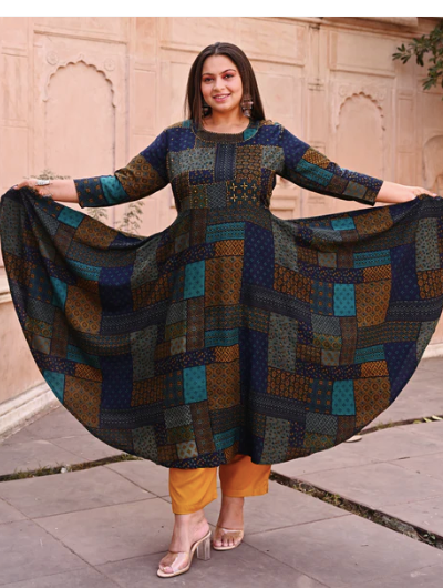 Anarkali Plus Size Blue Kanthawork Kurti for women