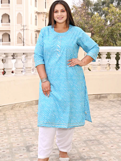 Plus Size Blue Lehariya Kurti for women