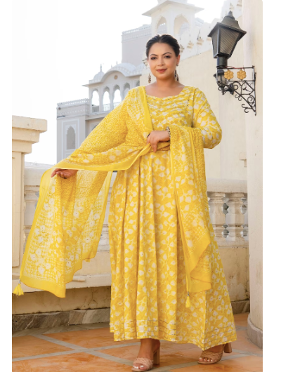 Anarkali Plus Size Yellow Kurti Dupatta Set of 2 