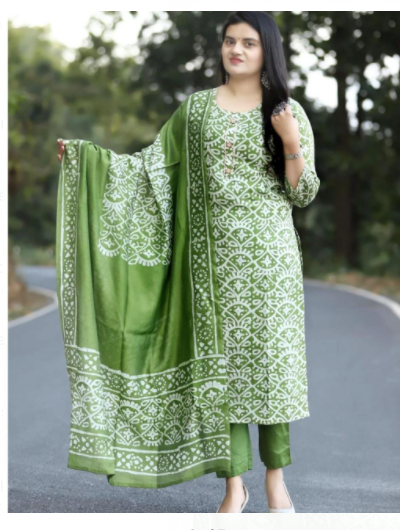 Green Cotton Salwar Suit Dupatta (Set of 3)