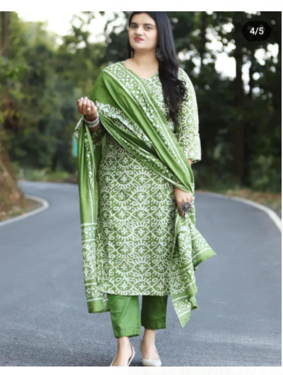 Green Cotton Salwar Suit Dupatta (Set of 3)