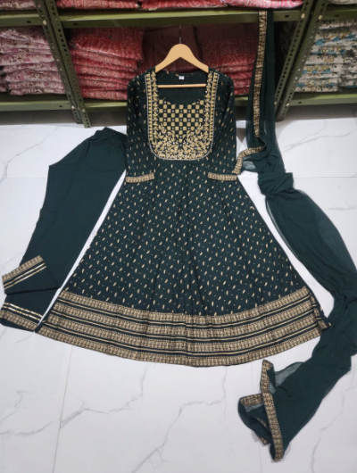 Green Embroidery Anarkali Cotton Salwar Suit Dupatta