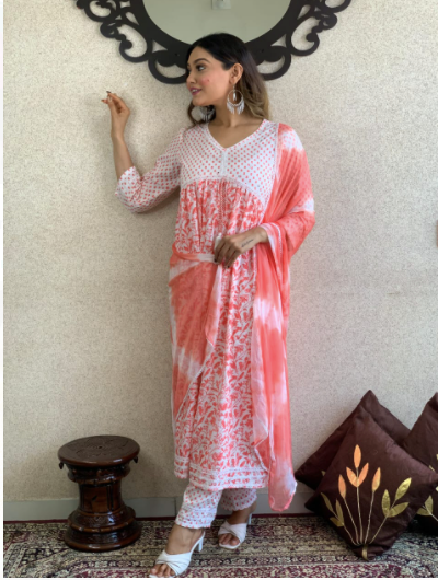 Pink White Cotton Handblock Salwar Suit Dupatta